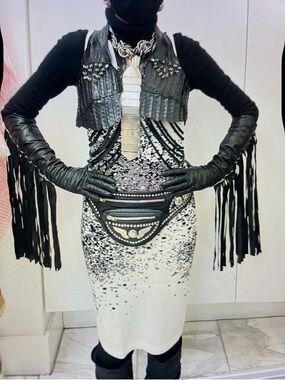 Black Fringe Long Leather Gloves - Women's Fashion Accessory100%Real KID-make 🇫🇷